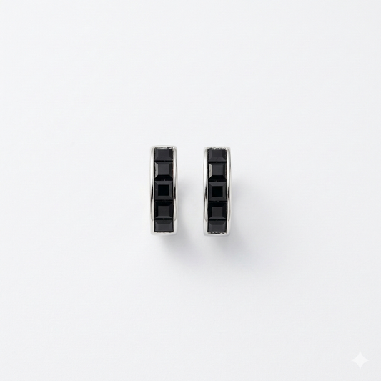 Silver-tone Edge Black Inlay Hoop Earrings