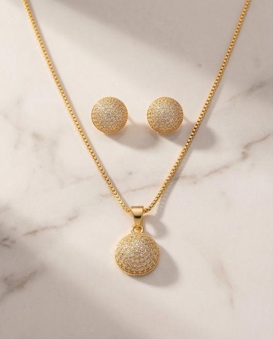 Golden Round pavé crystal disc pendant Necklace Set